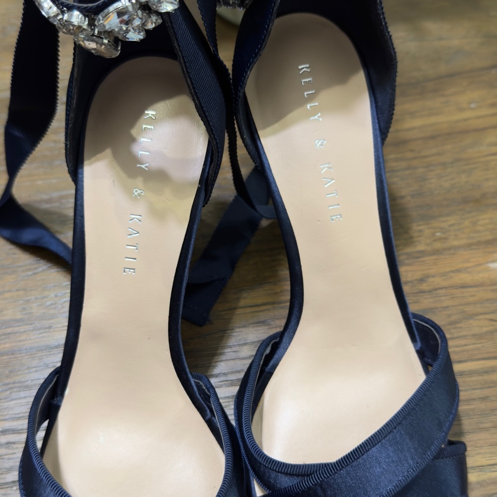 Kelly & Katie Black Satin Heels with Crystal Accent and Ribbon Tie